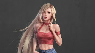 Blonde woman red top jeans - her long hair free wallpaper