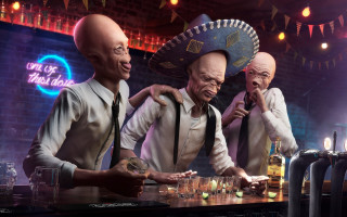 Bald men chess bar neon - ultra realistic digital art free wallpaper