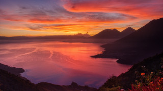Sunset lake mountains red sky 2 - cloud and water free wallpaper