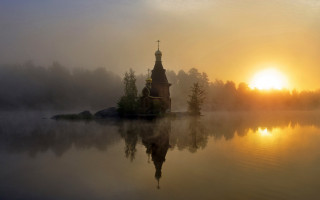 Church island lake sunset gothic - the fog free wallpaper for desktop