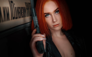 Redhair woman blackumbrella serious portrait - a black umbrella free wallpaper