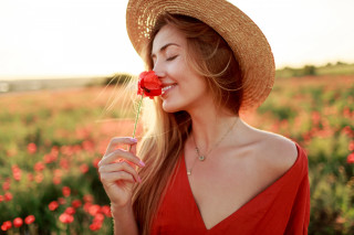 Woman hat flower smiling field - summer vibrancy free wallpaper