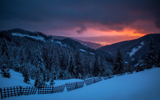 Snowy mountain fence trees sunset - a fence and trees free wallpaper