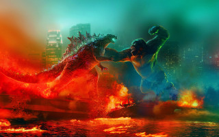 Godzilla fighting city fire water - poster art free wallpaper for desktop