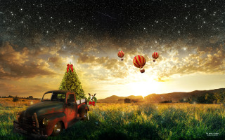 Truck field hotairballoons christmastree magicalrealism - hot air balloon free wallpaper