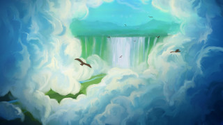 Waterfall birds flying clouds mountain - a painting of a waterfall free wallpaper