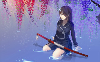 Girl sitting sword cherry blossoms - her hand and a tree in the background free wallpaper