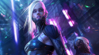 Futuristic woman man cyberpunk glowing - a futuristic helmet free wallpaper