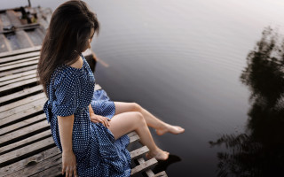 Woman bench water reflection blue - river free wallpaper