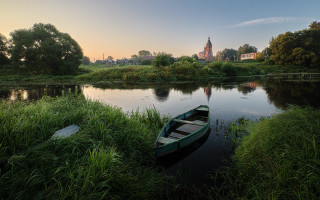 Small boat water church nature - landscape free wallpaper