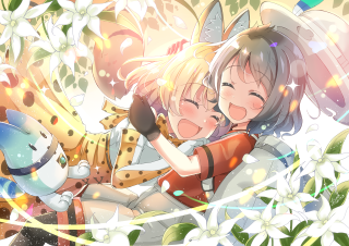 Anime characters hugging flowers leaves 2 - vignette free wallpaper