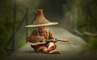 Boy guitar strawhat nature sitting - a straw hat free wallpaper
