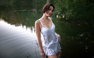 Woman white dress water trees - water next free wallpaper