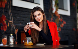 Woman sitting cafe tea cellphone - free autumn wallpaper