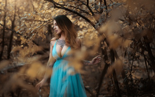 Woman blue dress forest tattoo - art nouveau free wallpaper