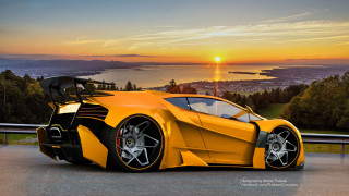 Yellow sports car lake sunset - andrew law free wallpaper for desktop