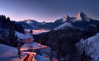 Mountain road night church stars - the mountain free wallpaper for desktop