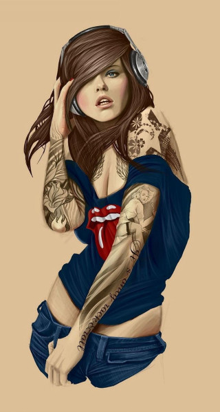 Woman tattoo headphones punk art - figurative art free wallpaper for mobile