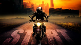 Man motorcycle cityscape orange sky - cinematic matte painting free wallpaper