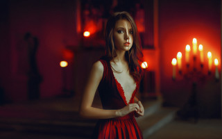 Red dress gothic portrait candles - dark background free wallpaper for desktop