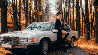 Woman black dress car woods - retro free wallpaper