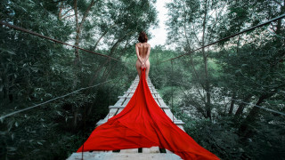 Woman red dress bridge woods - over her free wallpaper