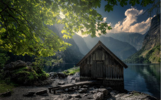 Cabin lake mountains trees cloudy - german romanticism free wallpaper for desktop