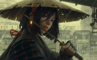 Woman hat sword rain city - a sword in the rain free wallpaper