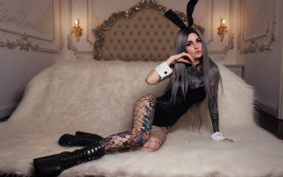 Bunny ears woman couch fur - fullbody free wallpaper for desktop