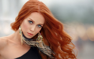 Redhair blueeyes blackdress feathernecklace flower - red hair free wallpaper