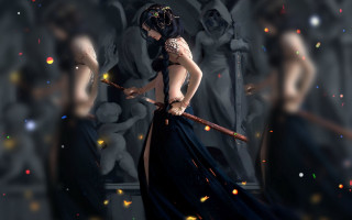 Woman dress stick statue lights - a long dress holding free wallpaper