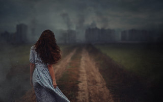 Woman dress field city night - a dirt road in a field free wallpaper
