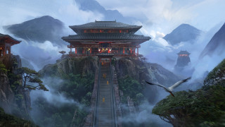 Mountain pagoda stairway flying bird - a pagoda free wallpaper