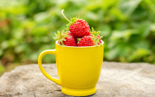 Yellow cup strawberries wooden table - strawberry free wallpaper for desktop