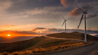 Wind turbines hill sunset road - right free wallpaper