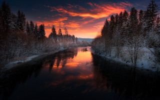 River sunset trees snow forest - the foreground and a snow free wallpaper