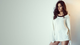 Woman white sweater crossed legs 2 - contemporary free wallpaper