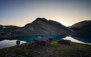 Mountain lake houses sunset ecological - artur grottger free wallpaper