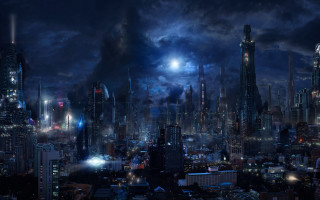 Night city moon aurora skyline - building free wallpaper for desktop