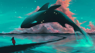 Woman whale ocean sky clouds - free anime wallpaper for desktop