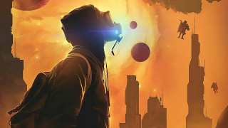 Futuristic man cityscape explosion sunset - sci fi free wallpaper for desktop