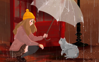 Woman kneeling cat umbrella rain - art station free wallpaper for desktop