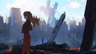 Woman city giant object ruins - a giant object in the background free wallpaper