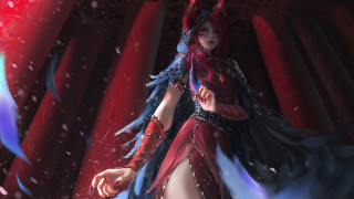 Woman red dress sword blue - league of legends concept art free wallpaper for desktop