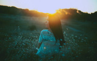 Woman field sunset hair flare - the sun shining behind her free wallpaper