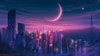 Cityscape moon pink sky aurora - a crescent moon in the sky free wallpaper