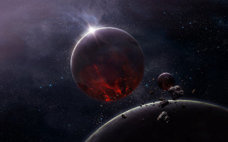 Red planet two smaller planets 2 - a distant star in the background free wallpaper