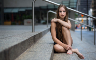 Woman sitting railing stairs bokeh - brigette barrager free wallpaper