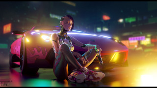 Woman sitting neon city cyberpunk - cyberpunk style free wallpaper