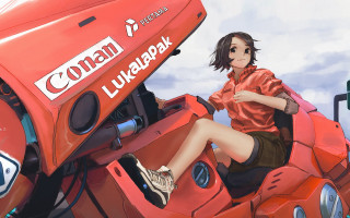 Woman redvehicle scooter outdoors cyberpunk - cushart krenz free wallpaper